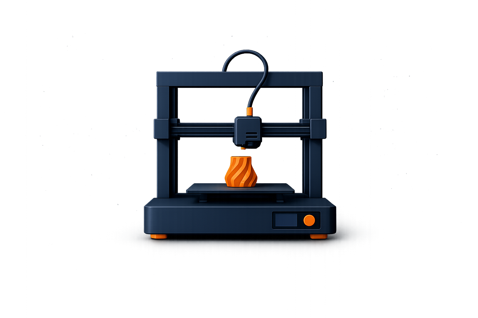 Impresora 3D imprimiendo una pieza naranja